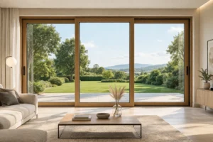 Serramento scorrevole in legno e alluminio con profili sottili, apertura panoramica e vista esterna su giardino.