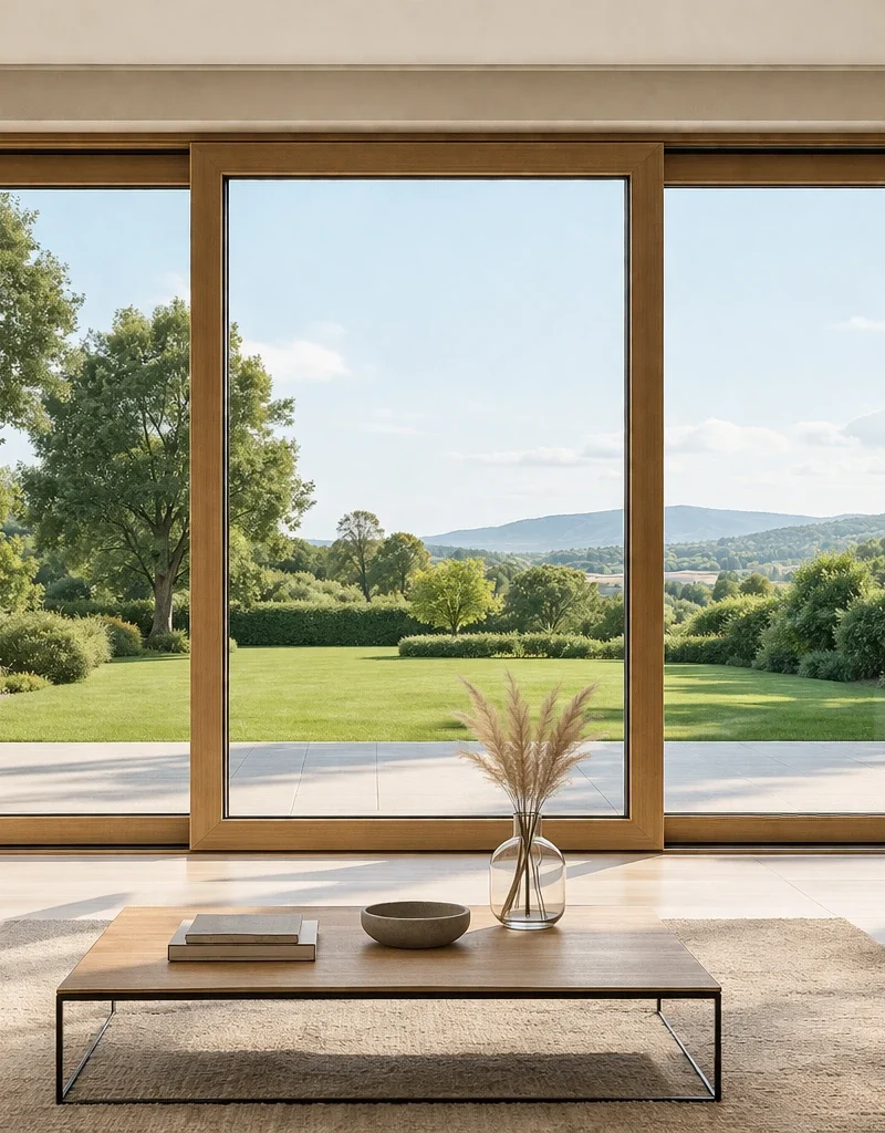 Serramento scorrevole in legno e alluminio con profili sottili, apertura panoramica e vista esterna su giardino.
