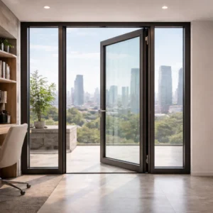 Serramento Auralis 80 in alluminio a battente con profilo sottile e vetrazione ampia, finestra ad alte prestazioni energetiche e acustiche per architettura moderna.