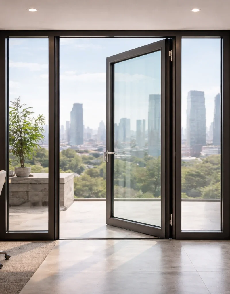 Serramento Auralis 80 in alluminio a battente con profilo sottile e vetrazione ampia, finestra ad alte prestazioni energetiche e acustiche per architettura moderna.