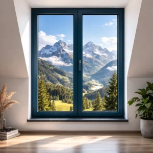 Serramento Lumina 80 in alluminio a battente con profilo minimal e nodo centrale slim, finestra panoramica ad alta luminosità e isolamento termico per architettura moderna.