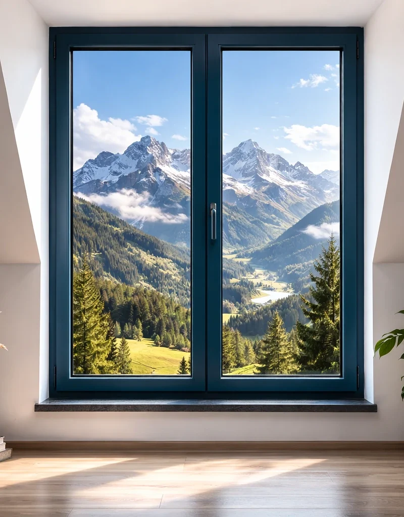 Serramento Lumina 80 in alluminio a battente con profilo minimal e nodo centrale slim, finestra panoramica ad alta luminosità e isolamento termico per architettura moderna.