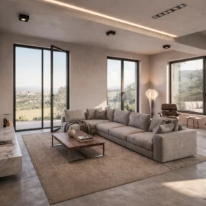 Serramento minimal Essentia a scomparsa con profili invisibili e ampia superficie vetrata in ambiente moderno.
