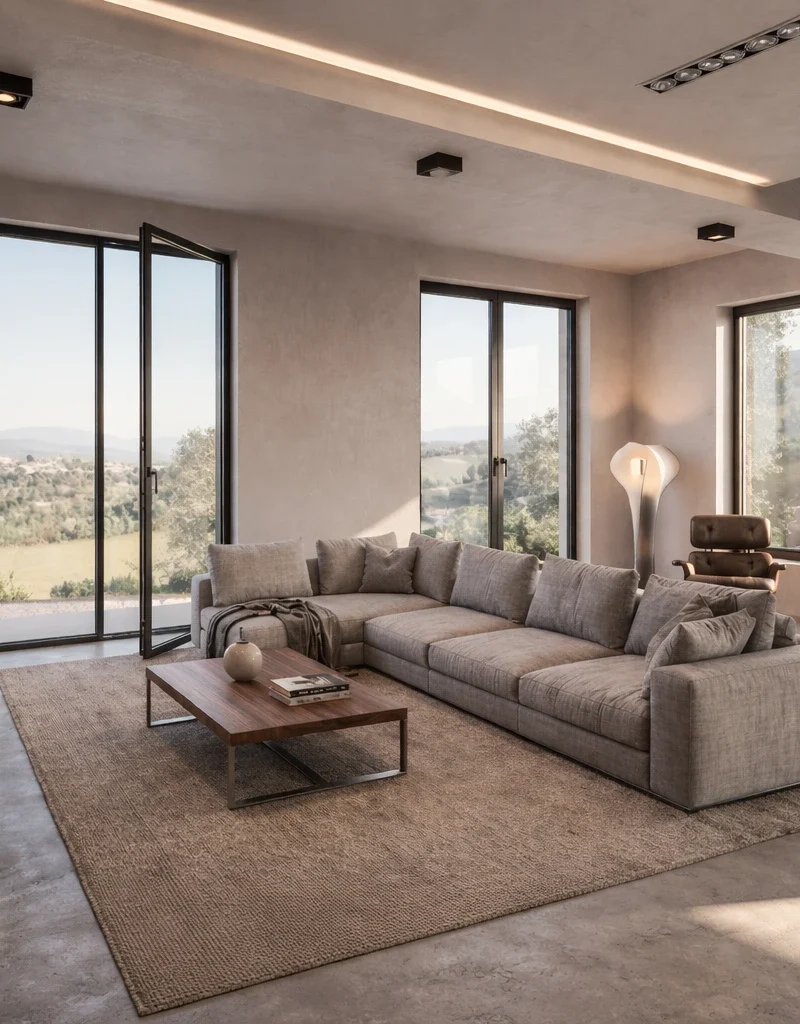 Serramento minimal Essentia a scomparsa con profili invisibili e ampia superficie vetrata in ambiente moderno.