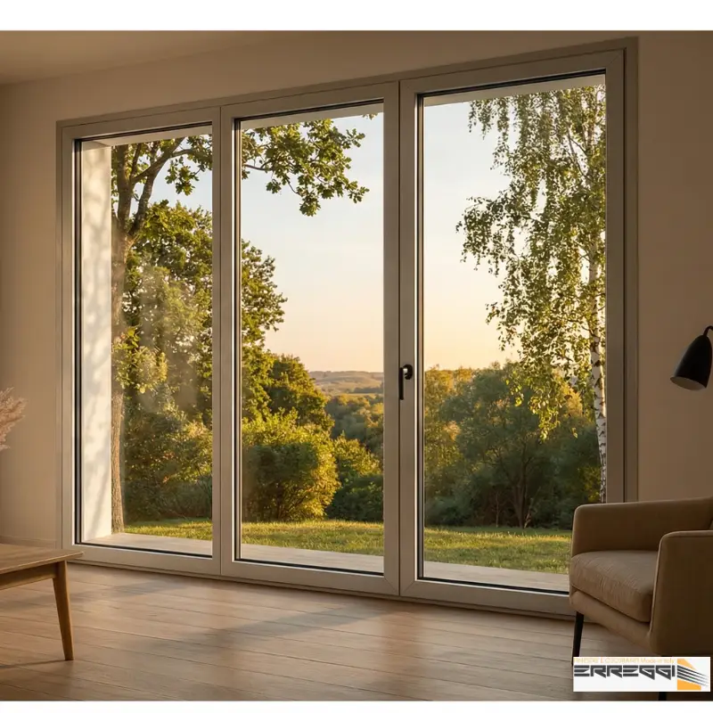 Serramento a battente in alluminio Thermic 72 con profilo solido e vetro isolante, installato in ambiente residenziale luminoso.