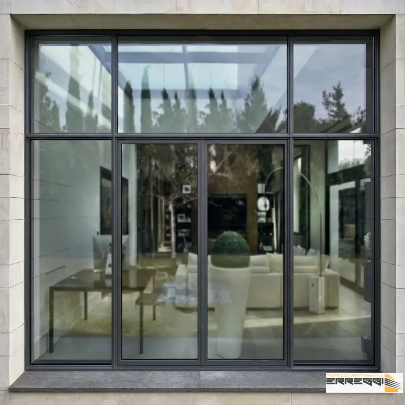 Serramento a battente Steelis in alluminio effetto acciaio con profili sottili e design minimale, installato in ambiente moderno luminoso.